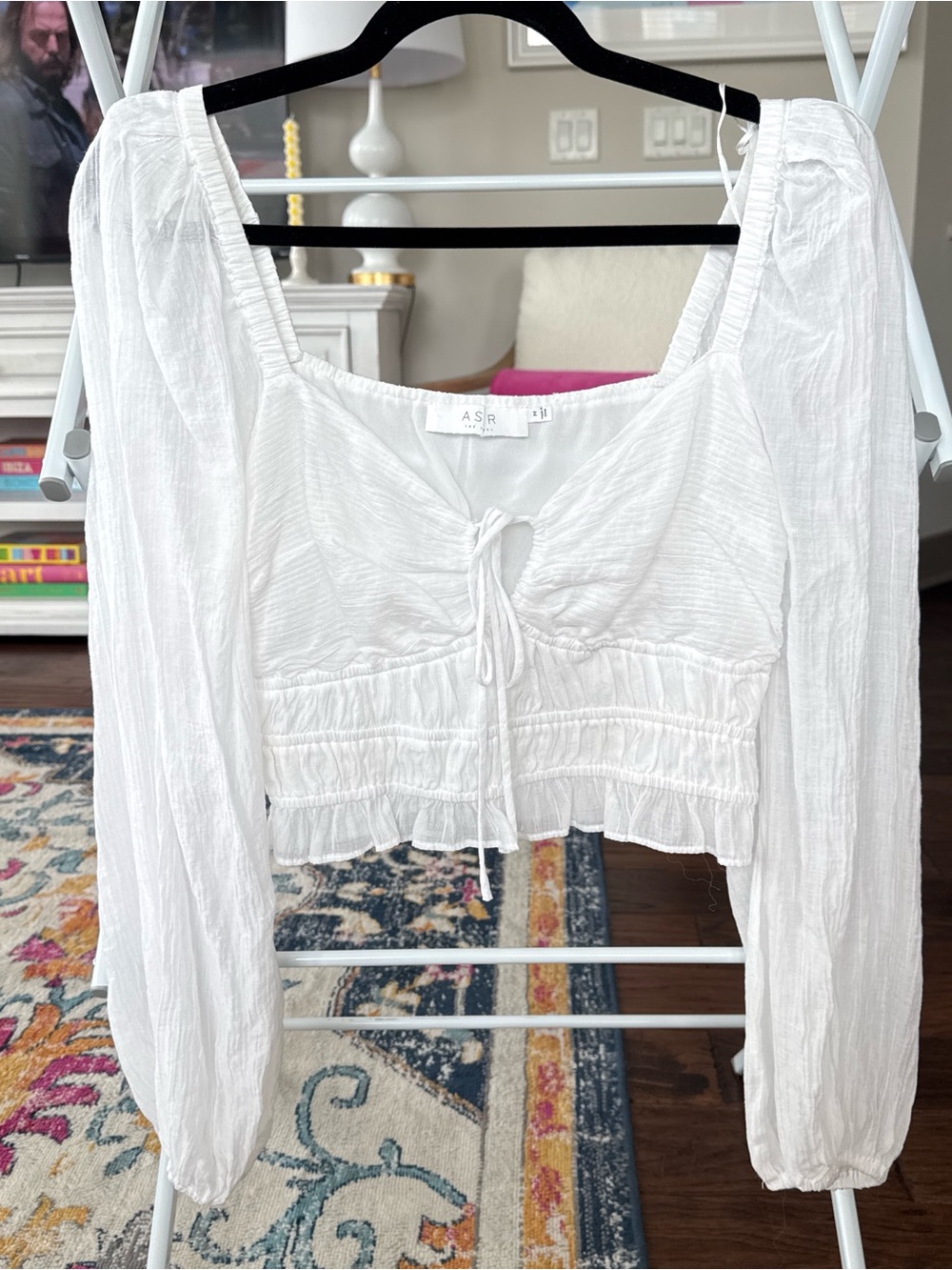 Astr White Long-Sleeve Smocked Tie-Front Crop Top